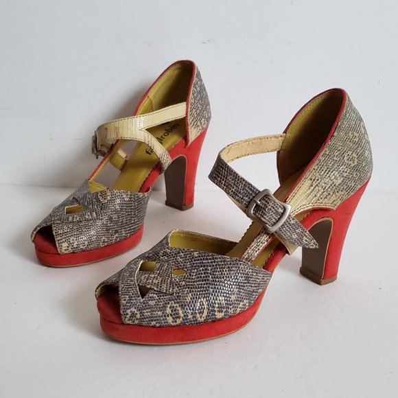 FARYLROBIN Leather Snakeskin Coral Red Suede Peep Toe Heels Anthropologie - Picture 3 of 15